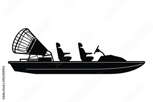 A black silhouette of an airboat with a fan and two seats depicted