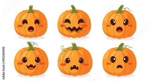 Collection of six cute orange pumpkins with various facial expressions and emotions for Halloween decorations or stickers design.