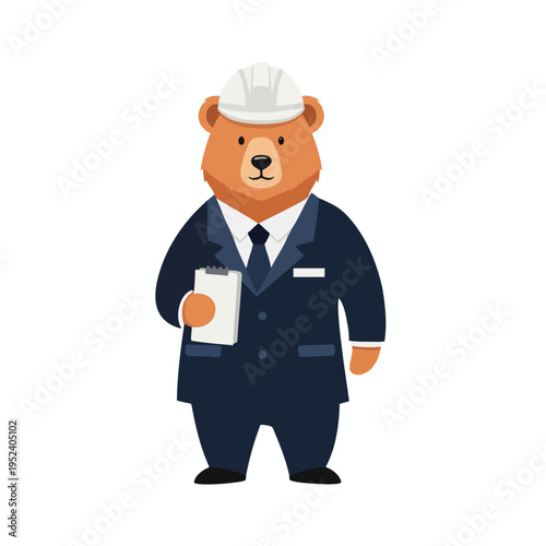 A cartoon bear in a hard hat, suit, and tie, holding a clipboard