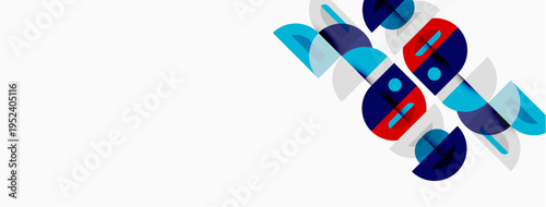 Abstract geometric shapes, circles, arcs, red, blue hues dominate white background. Modern design elements present.