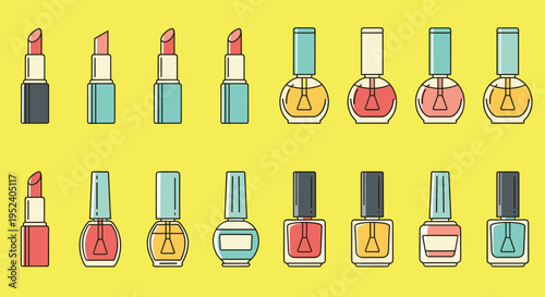 Set of colorful lipsticks and nail polish bottles in different shades and shapes, beauty products icons on a bright yellow background.