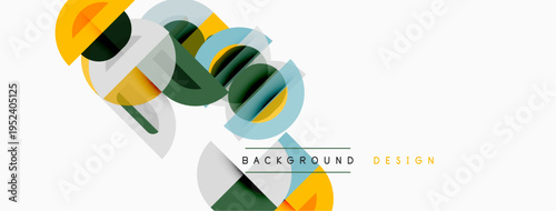 Abstract geometric shapes overlap, creating modern design. Colors include green, yellow, gray, muted tones. Minimalist aesthetic.