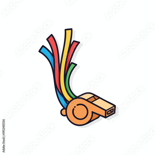 An orange whistle with colorful streamers blowing from its end