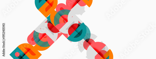 Abstract colorful text design. Overlapping letters create dynamic visual effect. Bright hues dominate white background. Modern, artistic.