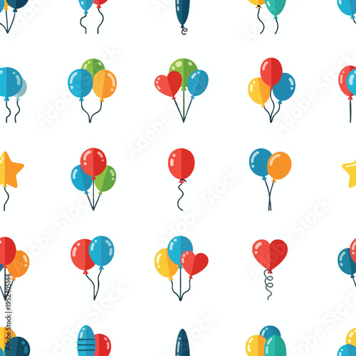 Assorted colorful balloons, including heart and star shapes, float on white