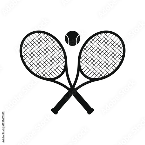 Two crossed tennis rackets with a ball in between black and white