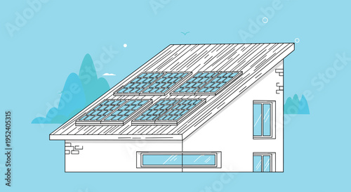 Minimalist line art illustration of a house with solar panels on its slanted roof, set against a light blue background with mountains.