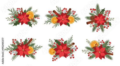Set of Christmas floral arrangements featuring poinsettias, berries, pine needles, cinnamon sticks, and orange slices on white.