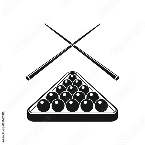 Black and white illustration of crossed pool cues over a rack of billiard balls