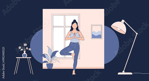 Woman practicing yoga in a tree pose in a cozy room with a window, plant, and lamp, peaceful home exercise vector illustration.