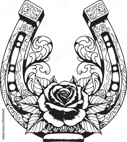 Horseshoe icon with flower. . Silhouette horseshoe. Symbol of happiness and wealth. Vector illustration