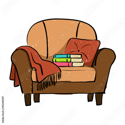 A hand-drawn illustration of a comfortable brown armchair featuring a warm throw blanket, a plush pillow, and a stack of colorful books, isolated on a white background.
