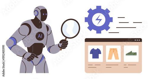 E-commerce, AI technology, online shopping, data analysis, retail automation, product analytics. Robot inspecting online store icons with magnifying glass. E-commerce and AI technology concepts