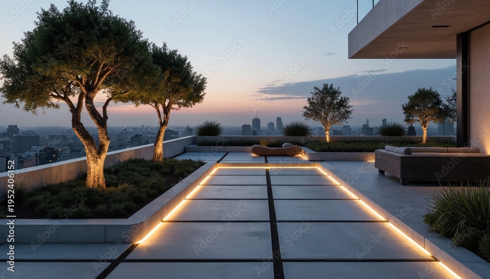 Obraz premium Minimalist rooftop garden with trees and seating. Concrete patio illuminated by soft yellow LED lights at twilight. City skyline visible in distance.