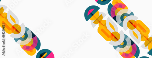 Abstract geometric shapes overlap, creating colorful patterns. Bright hues dominate white background. Modern design elements present.