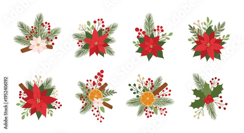 Collection of eight festive Christmas floral arrangements with poinsettias, berries, pine branches, and orange slices on white.