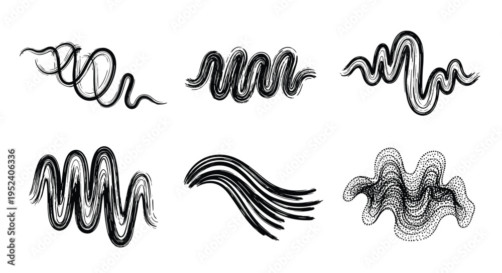 Obraz premium Set of six abstract black ink stroke patterns with wavy and curly lines, artistic hand drawn decorative elements on white background.