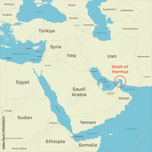 Map of Middle East Countries, highlighted at Strait of Hormuz Vector Illustration