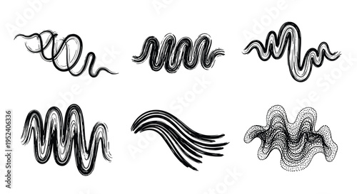 Set of six abstract black ink stroke patterns with wavy and curly lines, artistic hand drawn decorative elements on white background.
