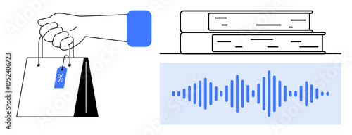 Consumer shopping concept. Shopping bags, books, and sound wave symbols consumer choices in retail, education, and technology. Consumer trends, e-commerce, tech use retail and learning tools