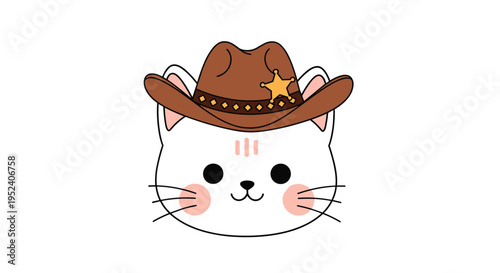 Adorable white cat illustration shows the cute animal wearing a brown cowboy hat decorated with a golden sheriff star badge.