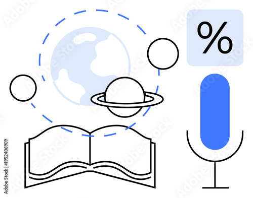 E-learning, global education, scientific exploration, communication, data analytics, technology concepts. Open book, globe planets microphone percentage symbol. E-learning and global education