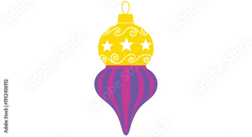 Vibrant holiday ornament illustration showcases a yellow top with stars and a purple and pink striped bottom section.