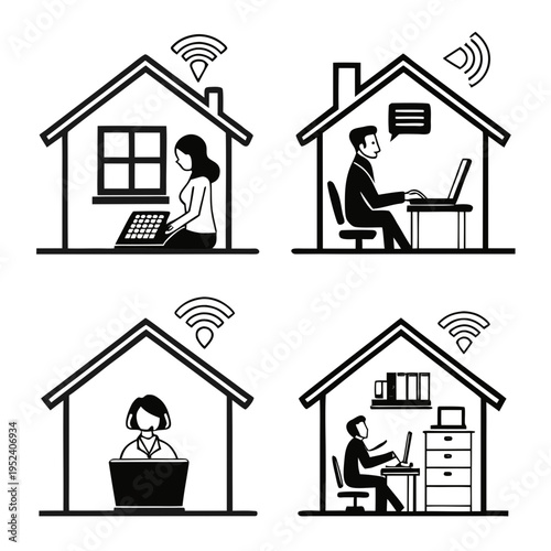 Set of 4 black and white vector icons people working from home with WiFi