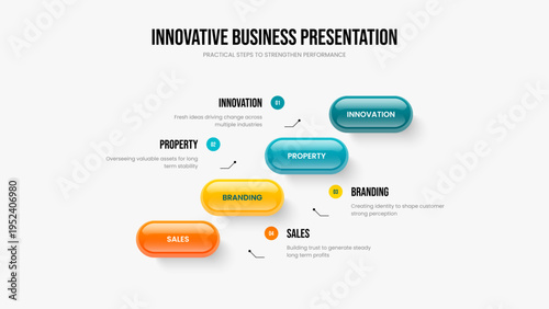Company Review Four Element Infographic Slideshow Template. Advertising Portfolio 4 Step Diagram Presentation Design. Digital Strategy Frame Layout Vector Illustration.