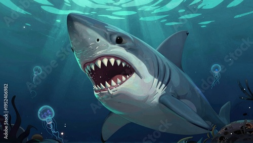 Shark swimming underwater with open mouth