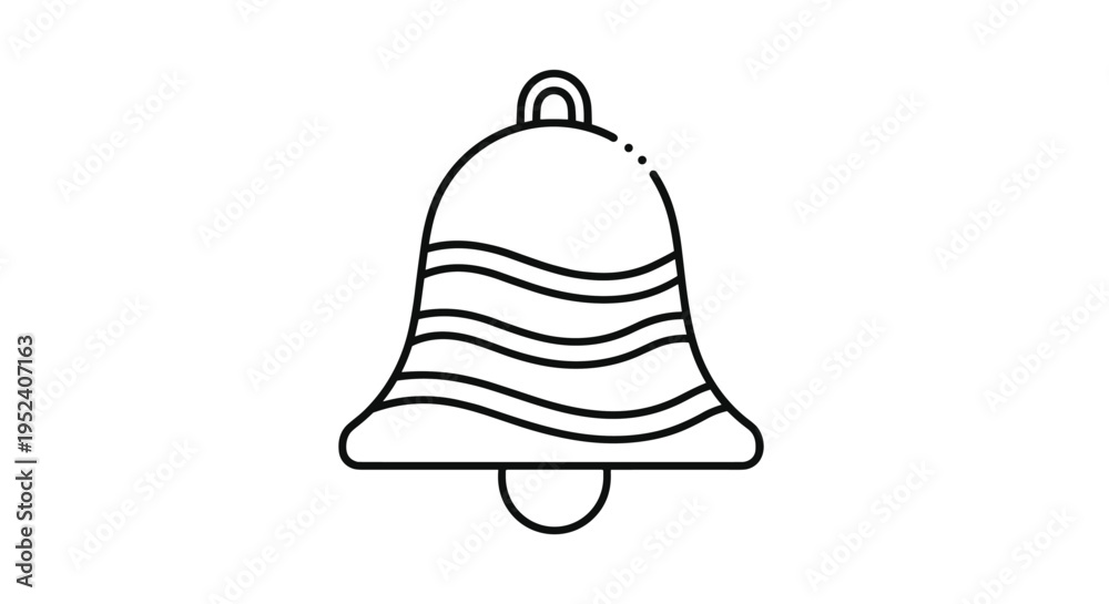 Fototapeta premium Simple black and white line drawing of a bell features stylized horizontal wavy lines on its surface and a top loop.
