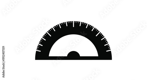 Black protractor with degree markings against a white background silhouette