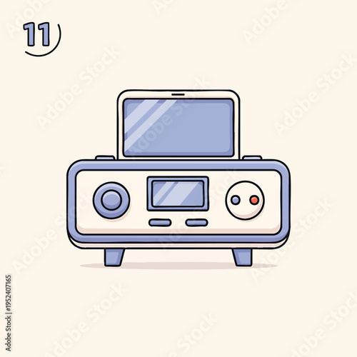 A cartoon illustration of a vintage, retro-style device with a screen and buttons in shades of light blue and cream. Number 11 appears above it