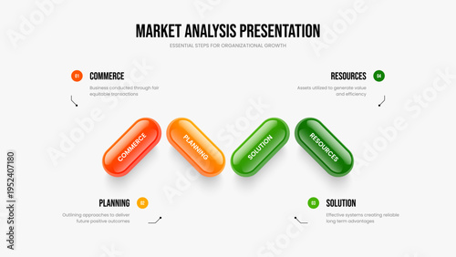 Market Review Presentation Template Vector Illustration. Creative Showcase Four Element Infographic Slideshow Layout. Business Campaign 4 Step Diagram Slide Design.