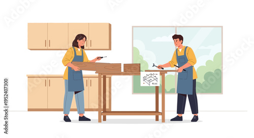 Couple building furniture together in a workshop, DIY home improvement project