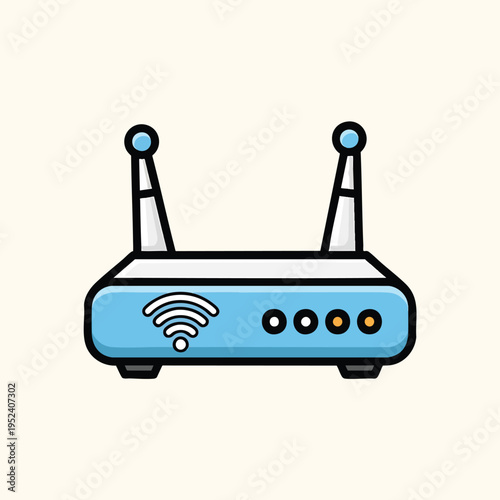 A cartoon router graphic depicted in blue and black, with a white, signal icon and lights, plus antennas with blue circles