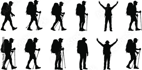 Black silhouettes of hikers with backpacks and trekking poles, walking, standing, and celebrating success, isolated on white background for adventure.