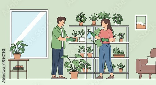Couple caring for houseplants, watering and misting plants indoors on shelves