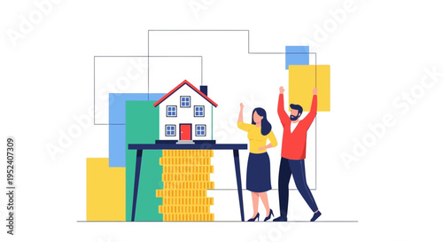 Couple celebrating successful real estate investment with house and coins