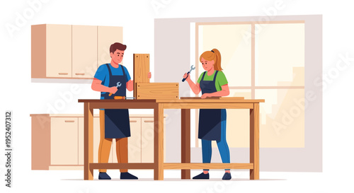 Couple building furniture together in a workshop, teamwork and DIY concept