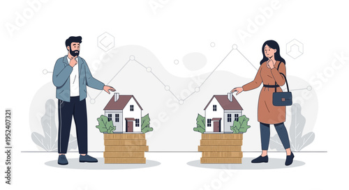 Couple comparing house prices, real estate investment, property market growth concept