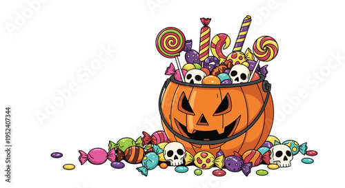 Halloween pumpkin bucket carved with a spooky face is filled with lollipops, candies, and small white human skulls.