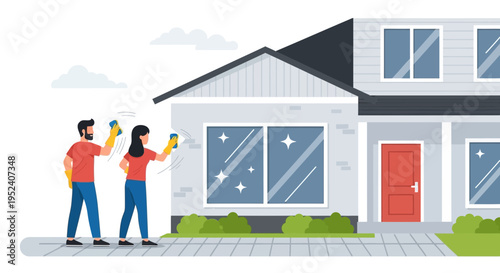 Couple cleaning house windows, sparkling clean, home maintenance, exterior view