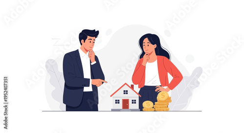 Couple contemplating house purchase with stack of coins, financial decision