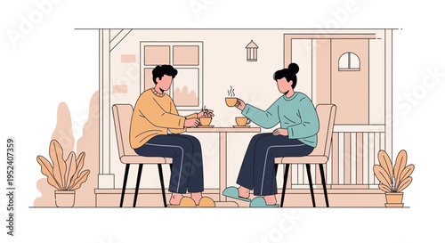 Couple enjoying coffee on a porch, relaxing on a sunny day, casual lifestyle