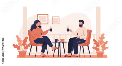 Couple enjoying coffee on balcony, relaxing on a weekend morning, flat illustration style