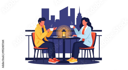 Couple enjoying coffee date on balcony with city skyline view at night