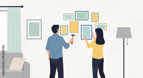 Couple Hanging Pictures on Wall: Home Decorating, DIY, Interior Design, New Home