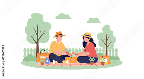 Couple Enjoying Picnic in Park with Trees and Flowers, Summer Leisure