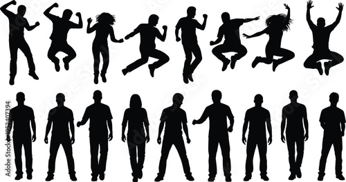 Black silhouettes of diverse people jumping in air with joy and standing in a row isolated on white background for design